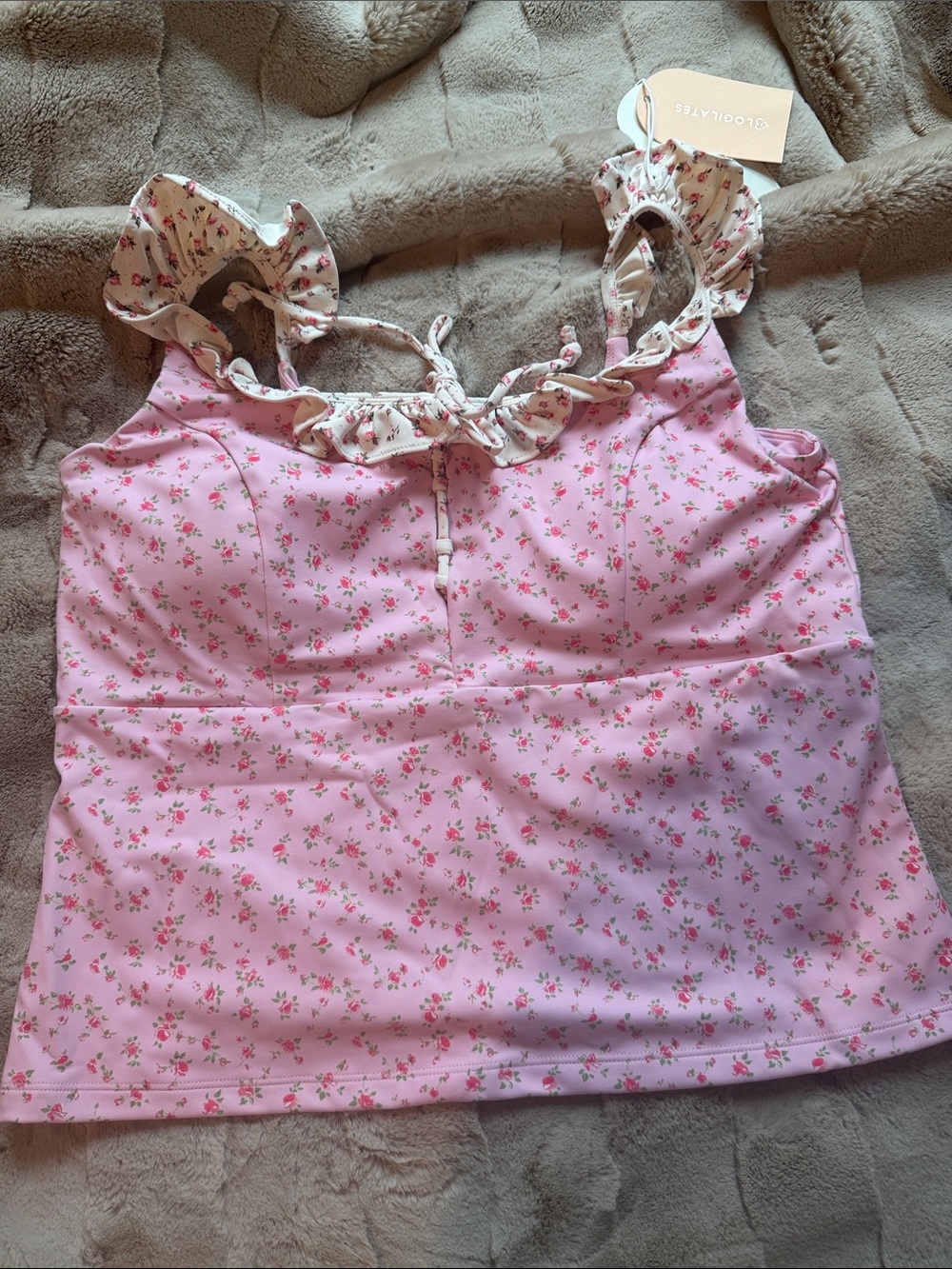 Blogilates Pink Floral Ruffle Lace Up Tank Top